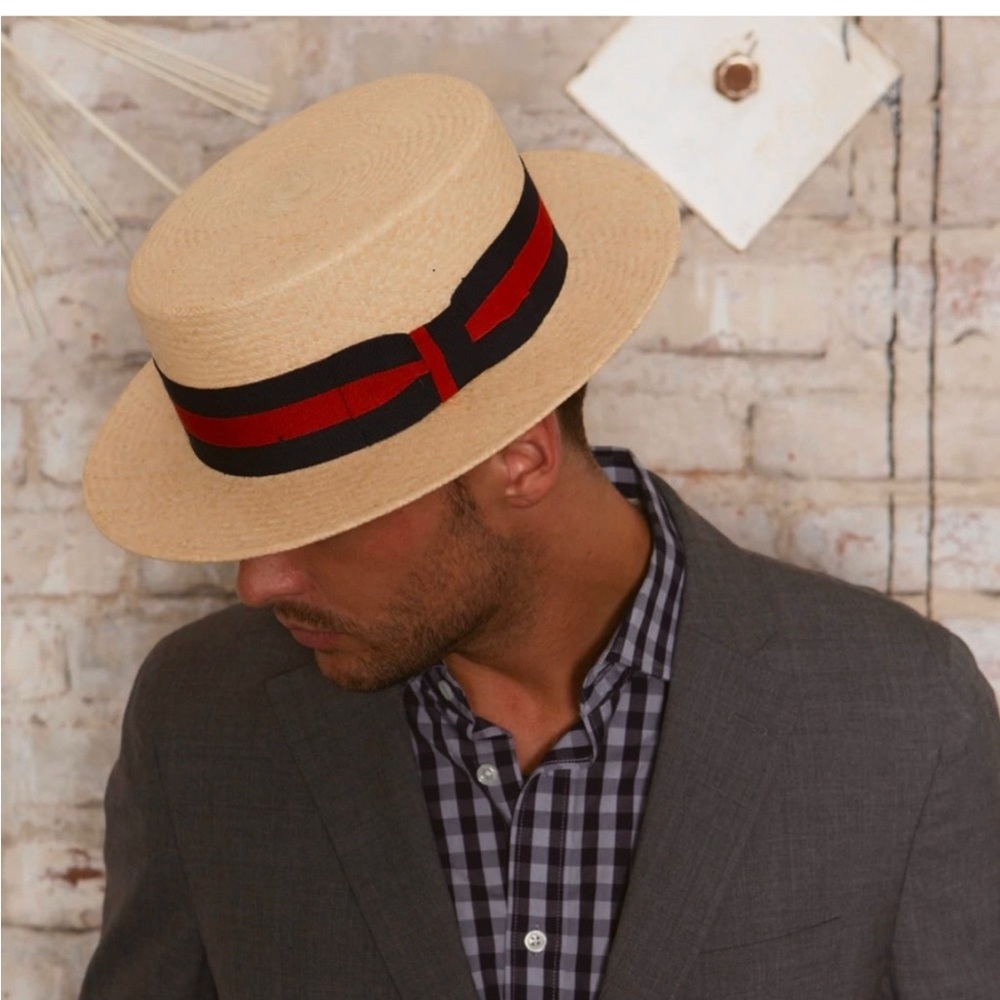 Scala Straw Boater Hat with Black and Red Ribbon